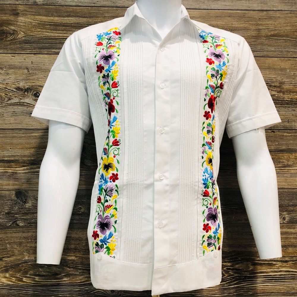 Mens Guayabera Wedding Shirt Hummingbird Flower Embroidery White Short Sleeve